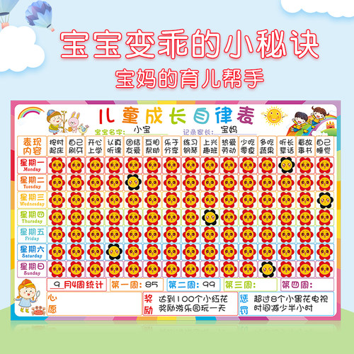 儿童奖励积分记录表学习计划表墙贴成长自律表幼儿小红花习惯管理