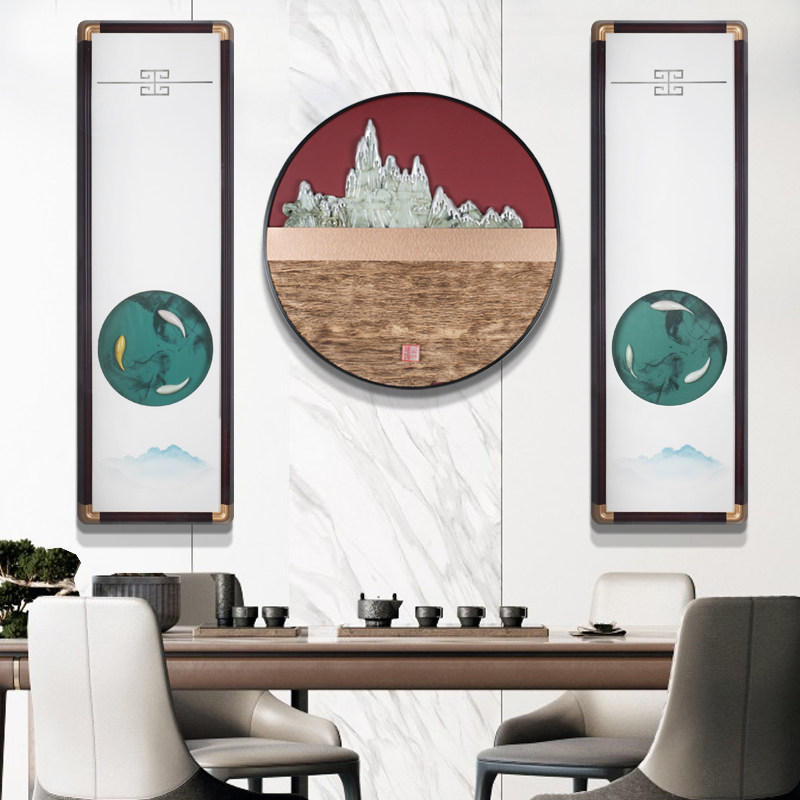 沙发背景墙装饰画轻奢客厅3联挂画新中式3d立体浮雕玉雕餐厅壁画