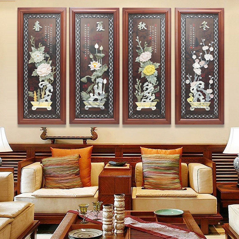 新中式梅兰竹菊玉雕装饰画客厅电视沙发背景墙条屏浮雕画玄关挂画