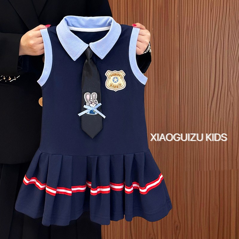 女童连衣裙夏2025新款儿童学院风兔子警官公主裙Polo领卡通背心裙