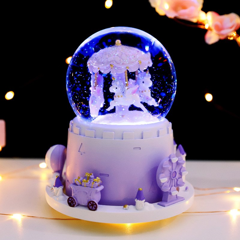 旋转木马水晶球音乐盒飘雪八音盒小女孩儿童生日学生礼物摆件女生