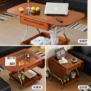 【小万家具】北欧实木折叠茶几小户型沙发边几可移动推车复古收纳