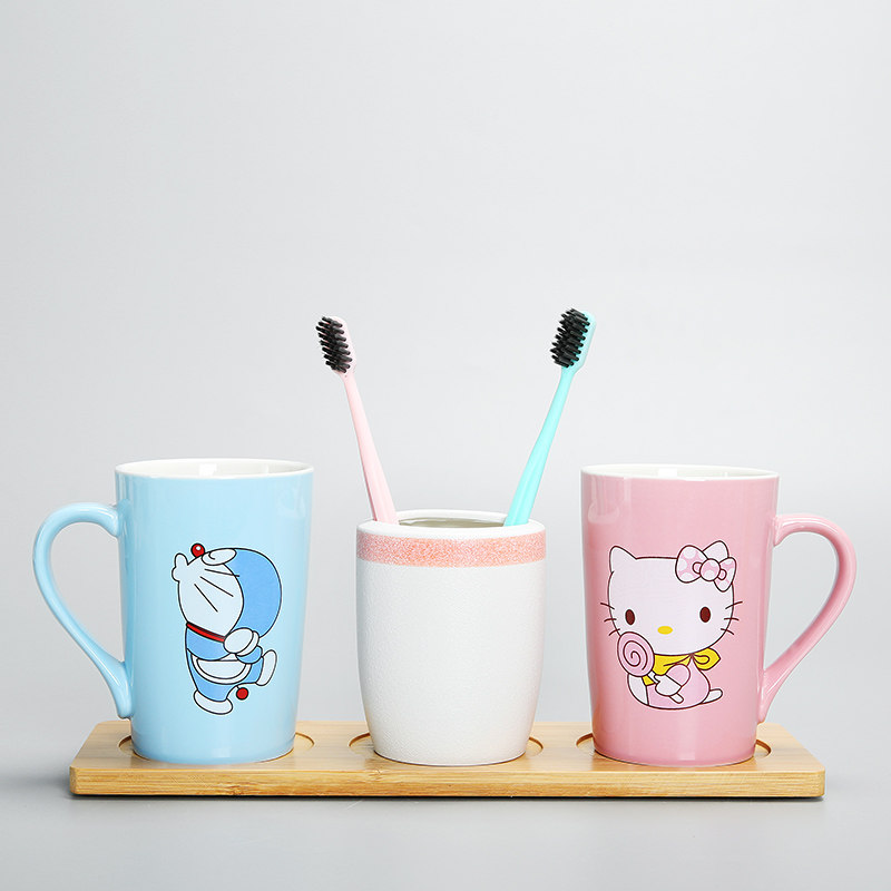 卡通陶瓷洗漱杯大人小孩牙杯 三四口之家漱口杯 猫咪 学生杯 刻字