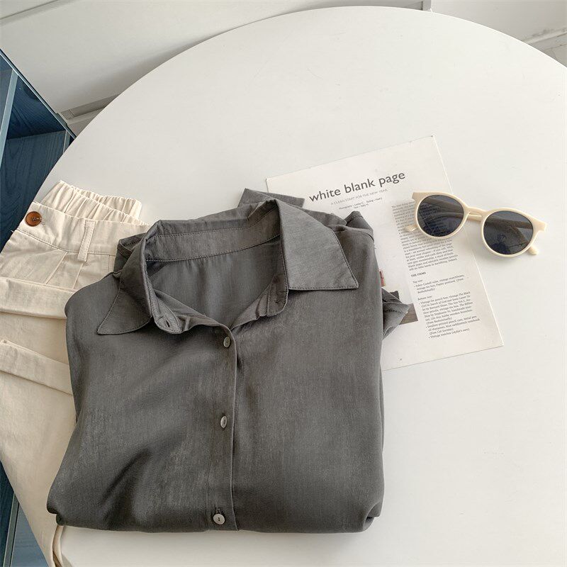 深灰色高级光泽感长袖衬衫女上衣正装设计感2024春夏薄款轻奢女