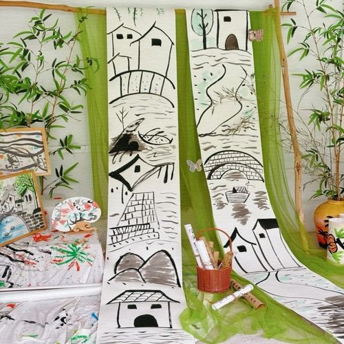 春季主题展幼儿园环创水墨古风教室布置背景墙装饰新中式绿色纱幔