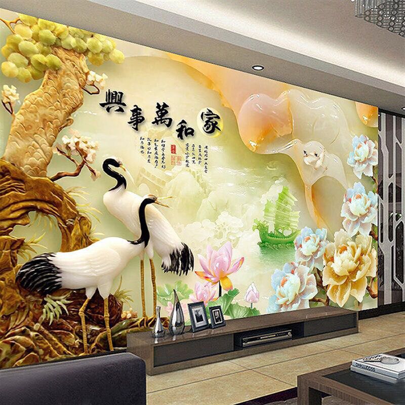 8d立体玉雕现代中式电视背景墙布5d客厅大气影视墙壁纸3d松鹤壁画