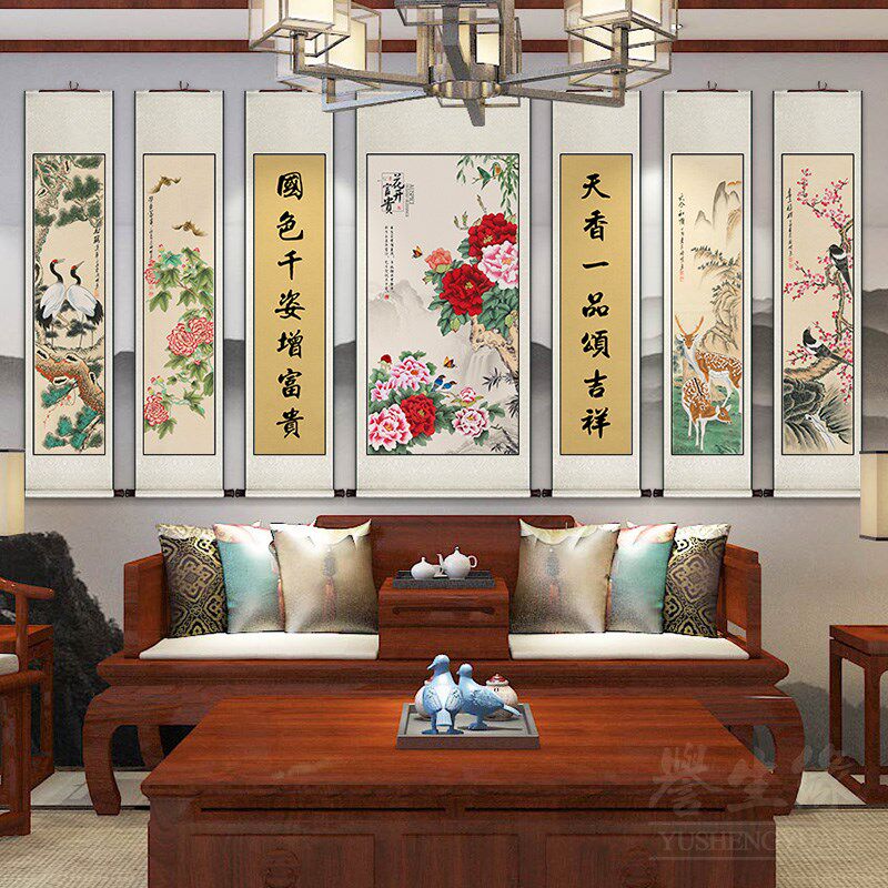 山水国画中堂挂画卷轴字画中式客厅沙发背景墙画农村别墅大幅壁画