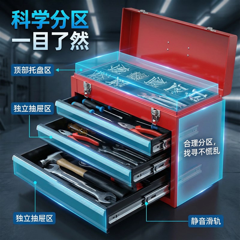 车载三层手提式五金家用多功能家用抽屉式工具箱铁大号金属工具盒