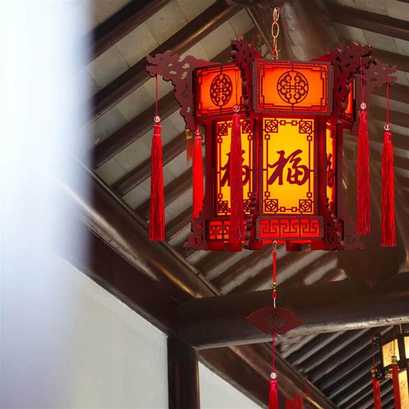 过新年灯笼圆形中式古风木质旋转宫灯春节阳台大门口仿古灯笼吊灯