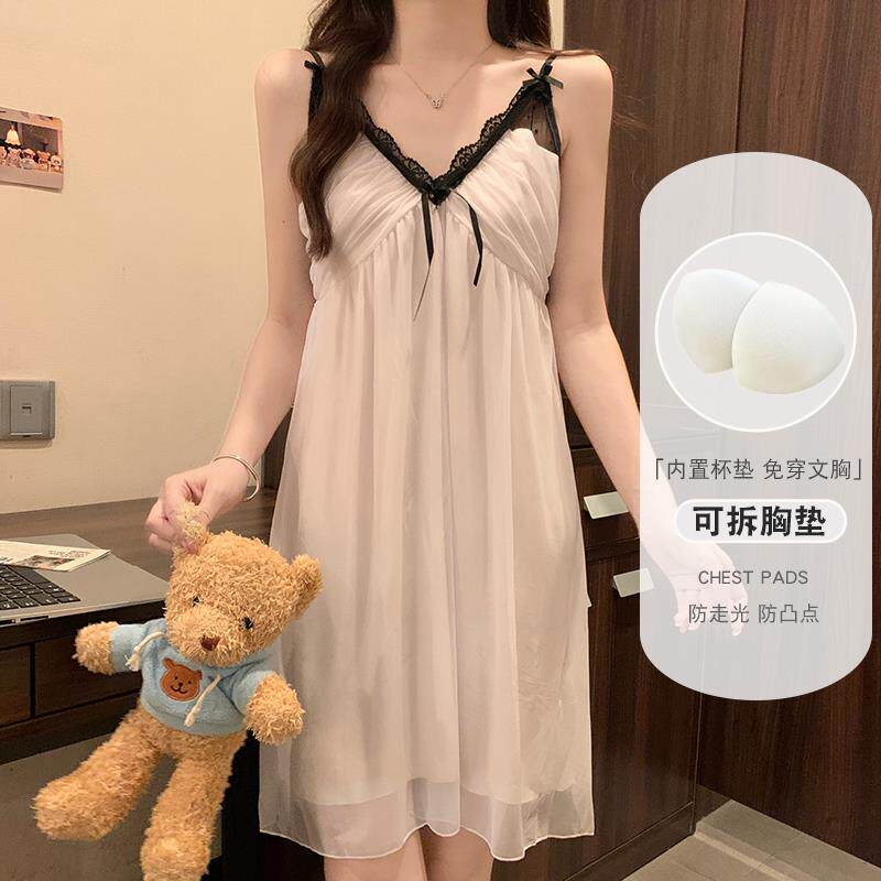 吊带睡裙女款夏季2025新款夏天莫代尔孕妇网纱蕾丝紫色带胸垫睡衣