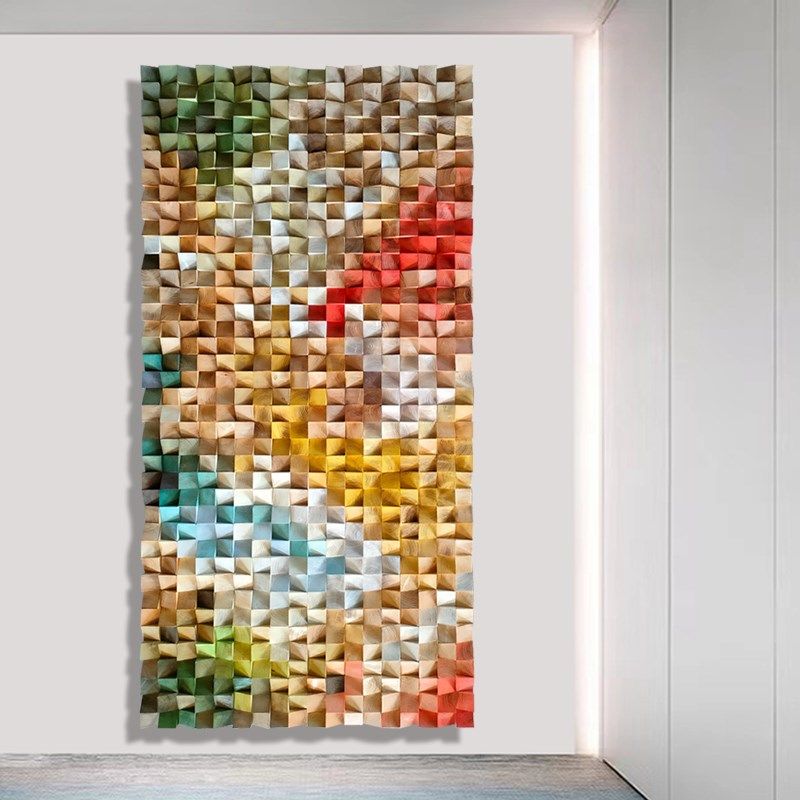 彩色原实木头马赛克背景墙拼图立体装饰画挂画玄关走廊高端背景墙