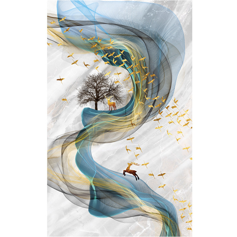 过道玄关画瓷砖岩板背景墙微晶石大理石雕刻立体抽象新中式发财树