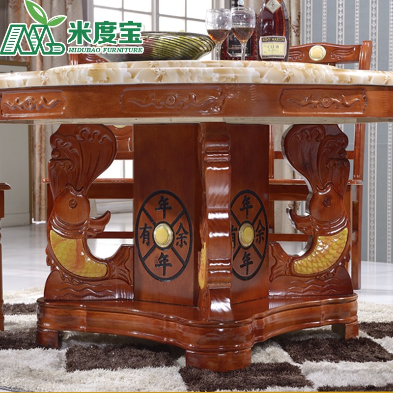 大理石餐桌椅圆形 实木圆桌带转盘中式圆形简约小户型饭桌 包邮