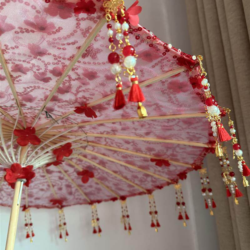 中式结婚伞网纱绸布红伞新娘红色婚庆旗袍伞中式婚礼古风婚伞