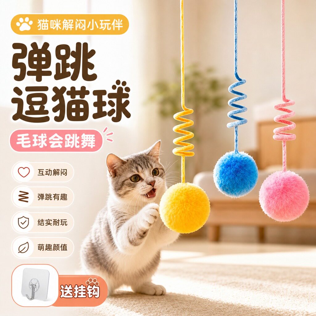 猫玩具自嗨解闷荡秋千挂门式兔毛球吸盘弹力绳逗猫棒弹簧猫咪用品图片
