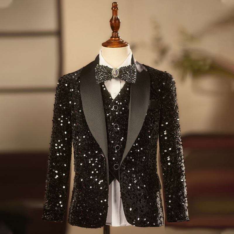 高档儿童礼服西装套装男童黑色亮片西服主持人钢琴演奏吉他演出