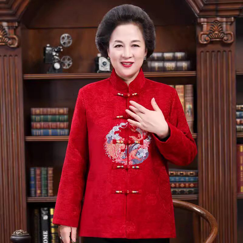 老人男士唐装外套秋冬款情侣装爷爷奶奶加绒加厚红色生日过寿棉衣
