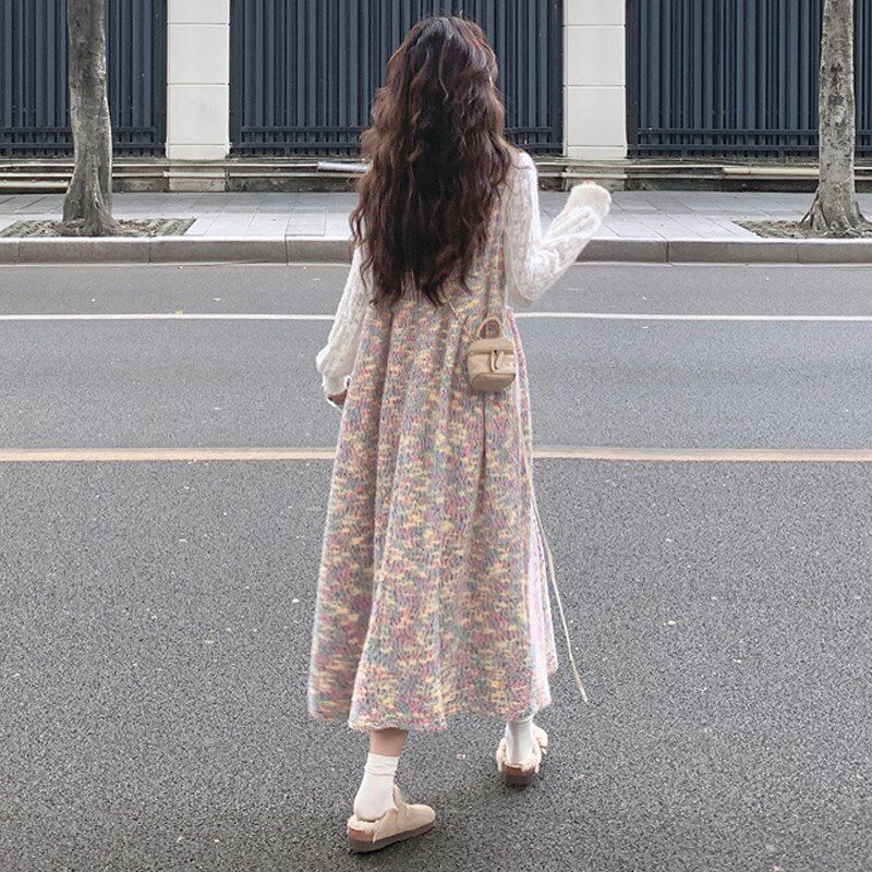 大码女装2024胖mm秋冬新中式彩虹甜美针织背心连衣裙蕾丝上衣套装