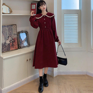 灯芯绒长袖连衣裙子少女春秋装2021新款初中高中学生学院风娃娃领