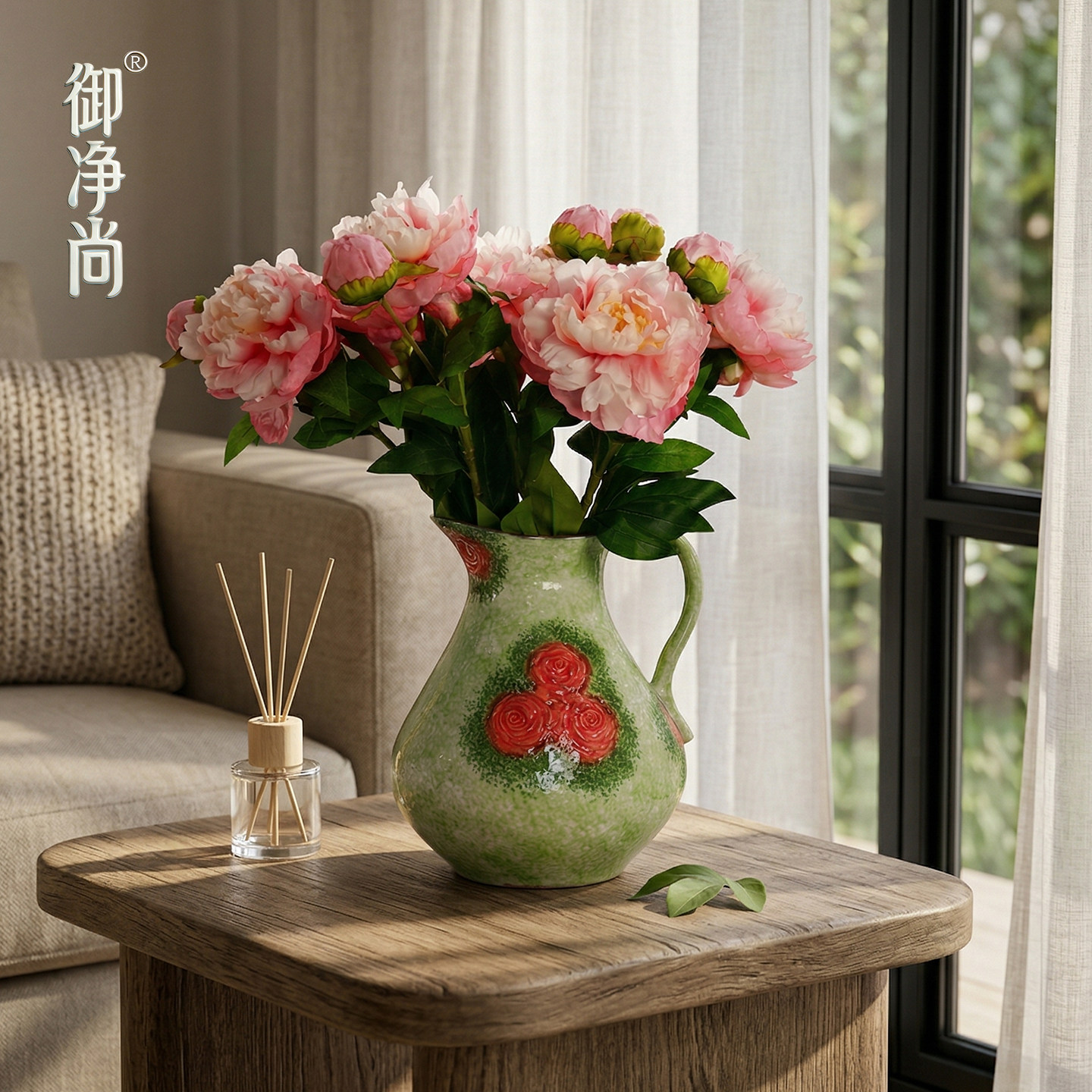 【御净尚】景德镇田园风绿釉玫瑰把手花瓶手绘肌理陶瓷花器摆件