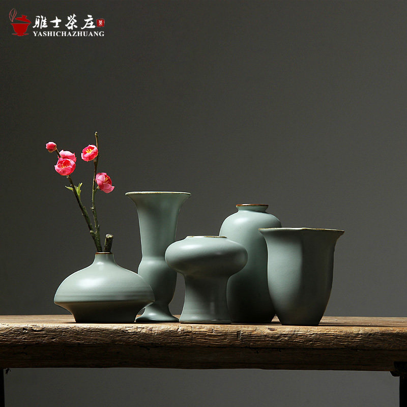 陶瓷花插花器 粗陶汝窑禅意花瓶日式茶道摆件 水培干花插陶艺花器