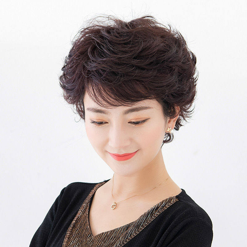 整顶假发套中老年女士假发女短发妈妈款真发发套式短卷发光头假发