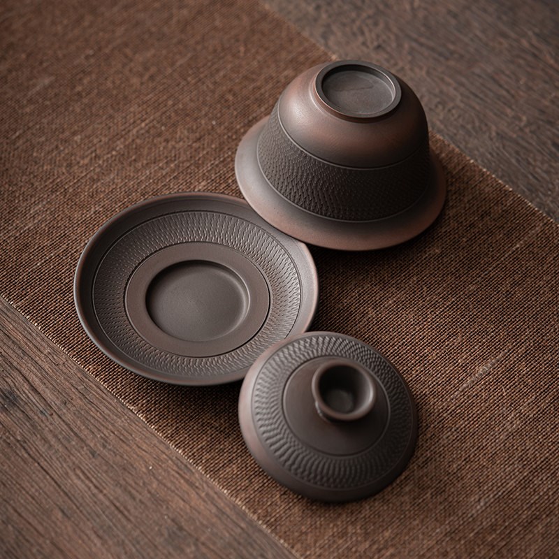 紫陶大号盖碗茶杯三才碗纯手工跳刀喝泡茶碗功夫茶具家用复古茶盏