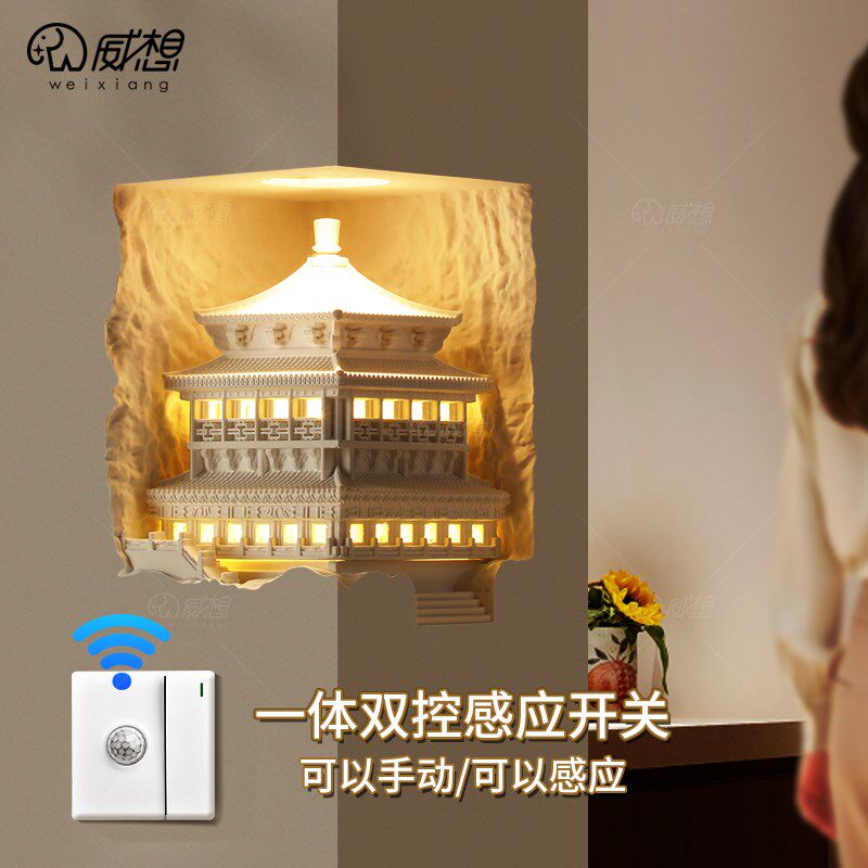中式石膏壁灯嵌入式转角墙角感应灯中国风古风内嵌预埋复古壁龛灯