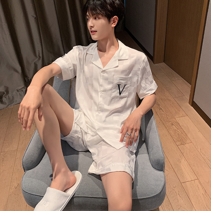 睡衣男冰丝夏季薄款短袖短裤男士白色格子居家服男款夏款丝绸套装