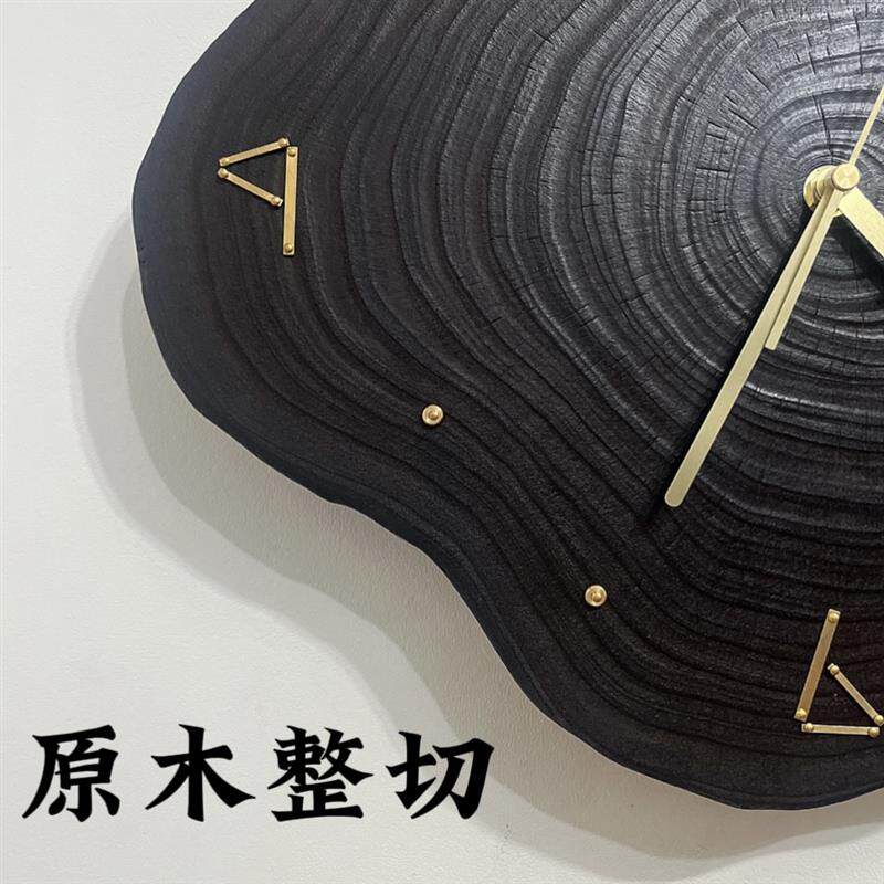 侘寂客厅原木挂钟实木质艺术简约时钟静音新中式卧室网红钟表黑色