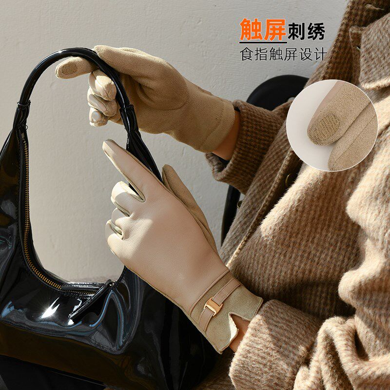 2024新款安可拉红色手套女士冬季保暖加绒骑行开车触屏皮手套修手