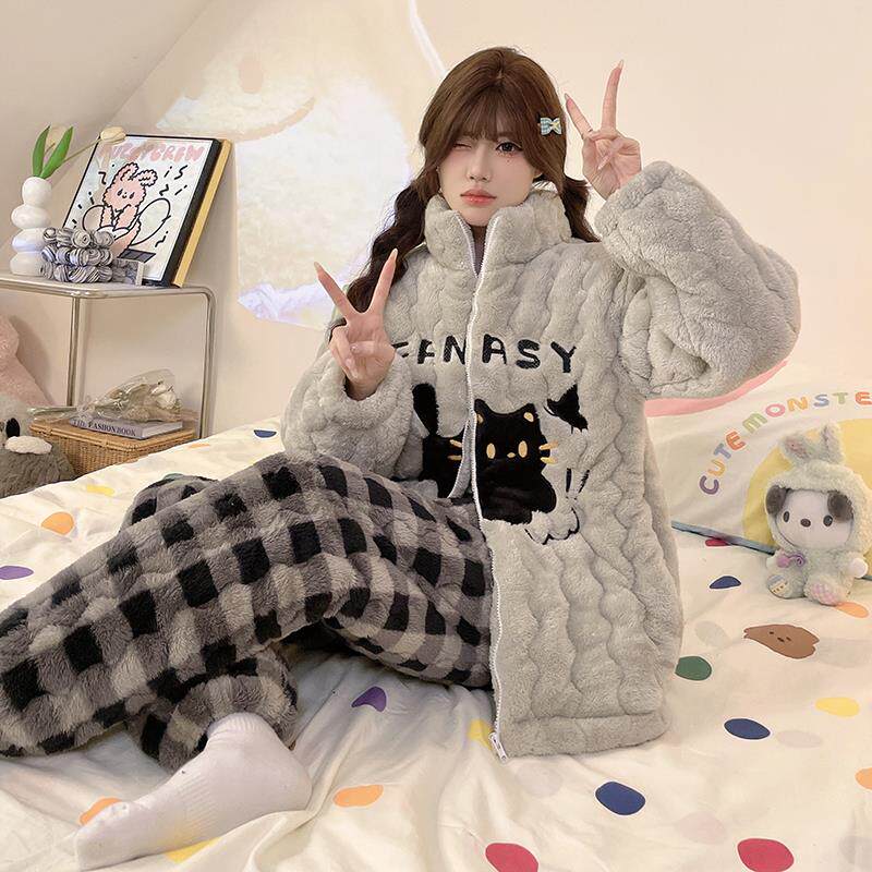 三层铺棉睡衣冬季新款加绒加厚睡衣家居服套装珊瑚绒睡衣发热衣裤