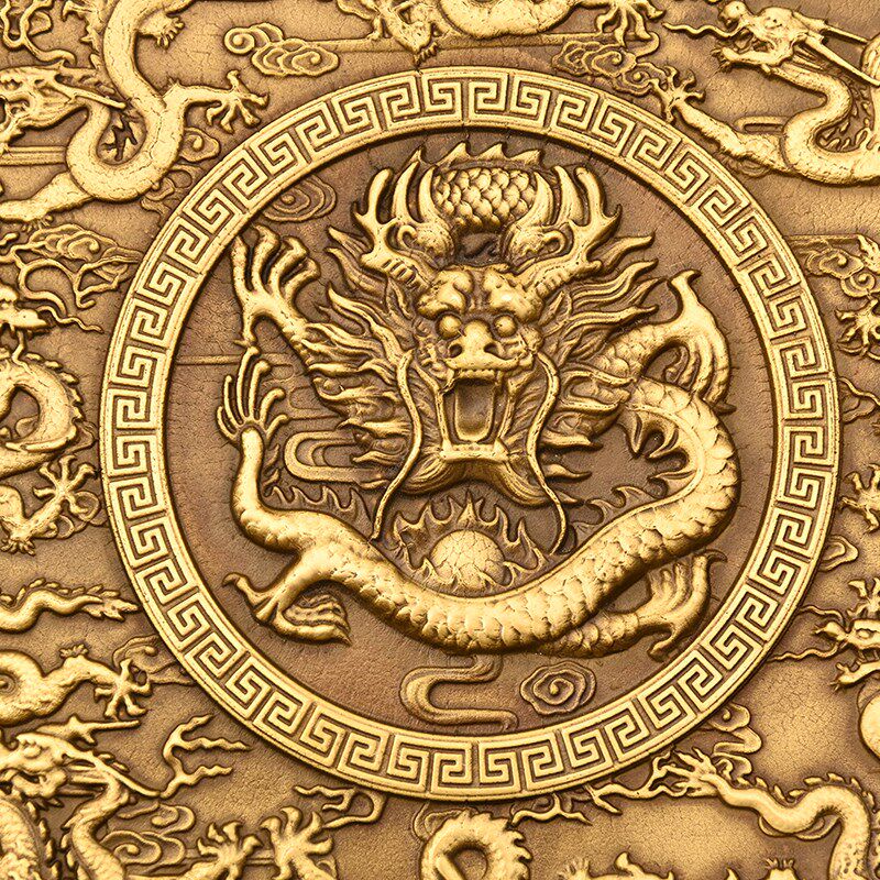 纯铜九龙盘子摆件九龙壁铜盘送支架客厅桌面装饰品仿古浮雕龙纹盘