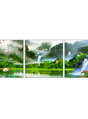 客厅装饰画三联沙发背景墙壁挂画高档冰晶玻璃流水生财山水风景画