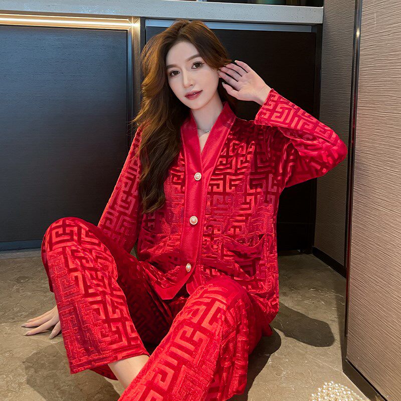 秋冬季新款女士金丝绒方格提花家居服套装韩版开衫红色睡衣可外穿