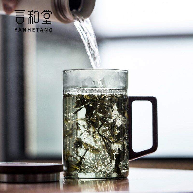 言和堂绿茶杯月牙泡茶杯办公室玻璃茶杯家用过滤水杯简约带盖杯子