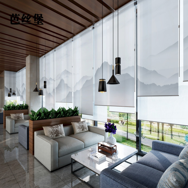 新中式卷帘窗帘升降软帘子隔断屏风拉帘遮光透明挂式办公室山水画