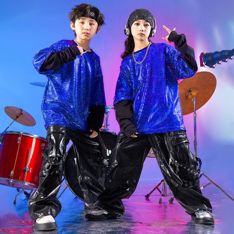 儿童嘻哈街舞服男女童炫酷亮片上衣hiphop架子鼓服模特走秀演出服