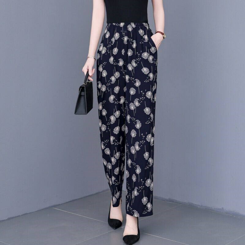 女士棉绸睡裤夏季薄款妈妈宽松加长裤子老年人外穿休闲家居遛弯裤