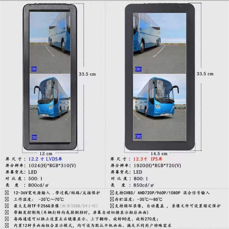 12.2寸汽车用车载三分割画面后视镜显示器2/3分屏倒车影像系统MP5