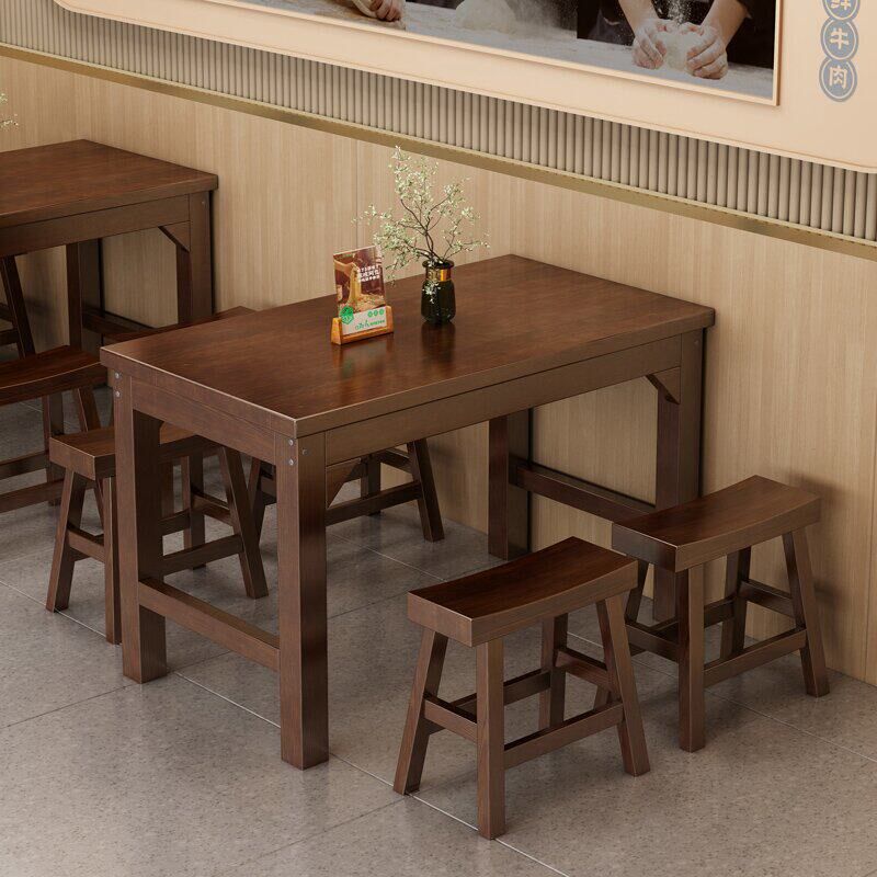 实木小吃店快餐桌组合饭店面馆桌椅长方形商用餐厅碳化烧烤火锅桌