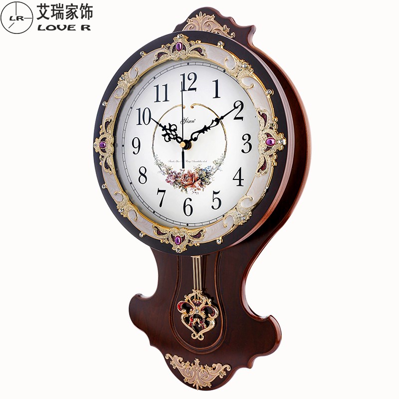 欧式木质挂钟客厅钟表田园静音挂表创意装饰时钟摇摆石英钟小壁挂