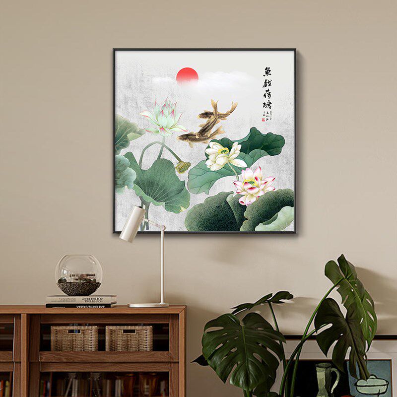 新中式年年有余九鱼图玄关装饰画新中式餐厅客厅书房水墨鲤鱼挂画