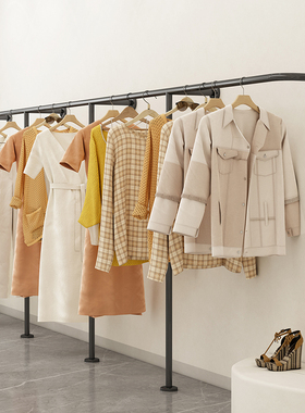 服装店上墙壁挂展示架落地直杆挂衣架女装店专用黑色货架侧挂衣杆