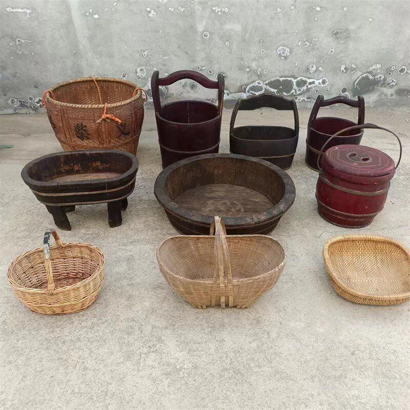 民俗老物件水桶木盆竹篮农耕文化村史馆复古怀旧展览摆件影视道具