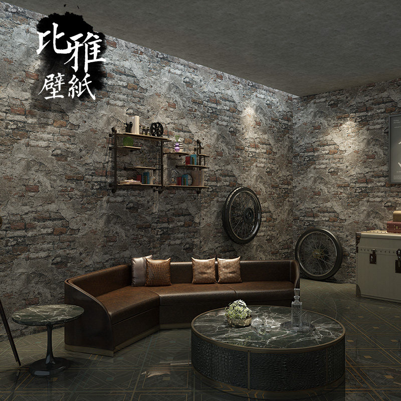 复古水泥灰色砖块砖头砖纹墙纸工业风剧本杀仿古餐厅背景壁纸装修