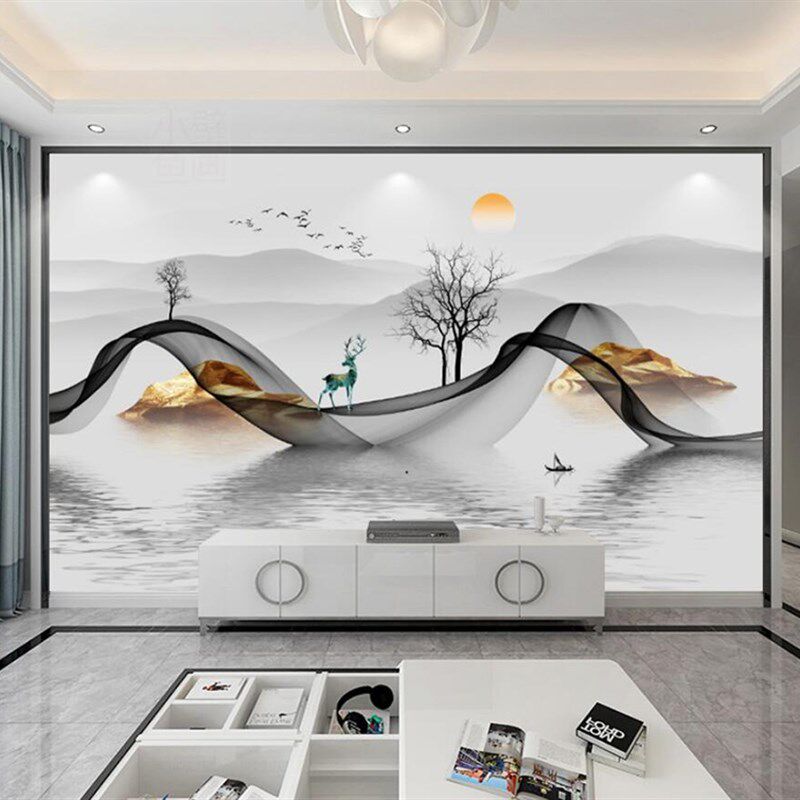 现代3d电视背景墙壁布山水风景画新中式墙布客厅沙发8d影视墙壁画