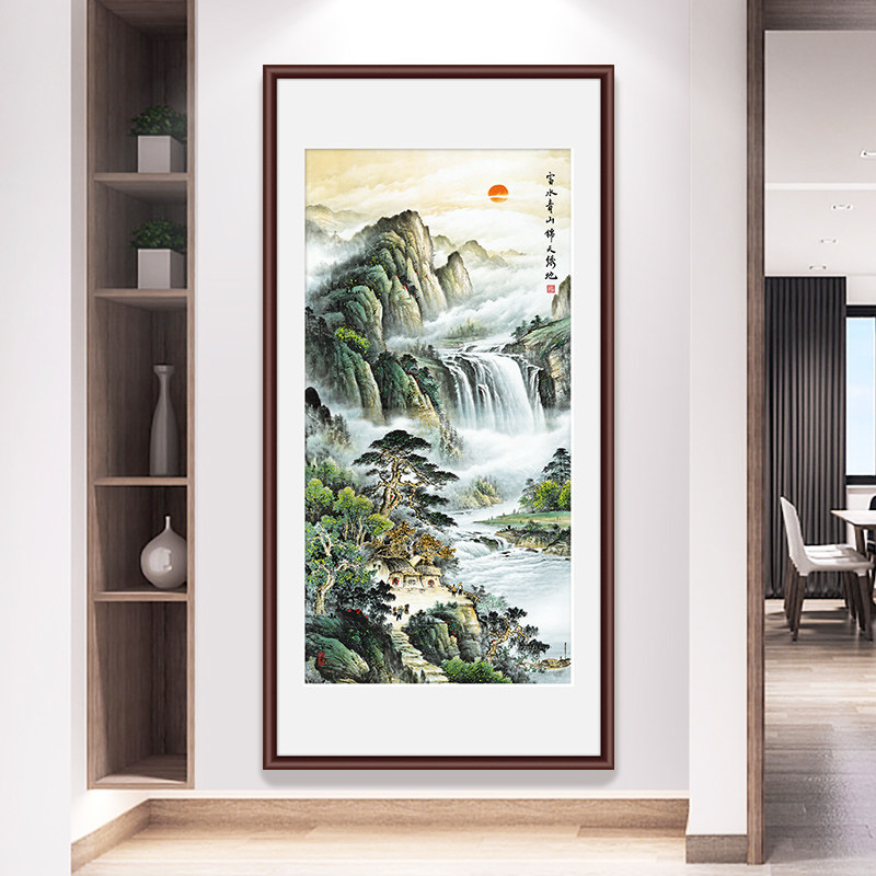 新中式玄关山水画源远流长国画入户走廊过道入门旺财装饰挂画竖版