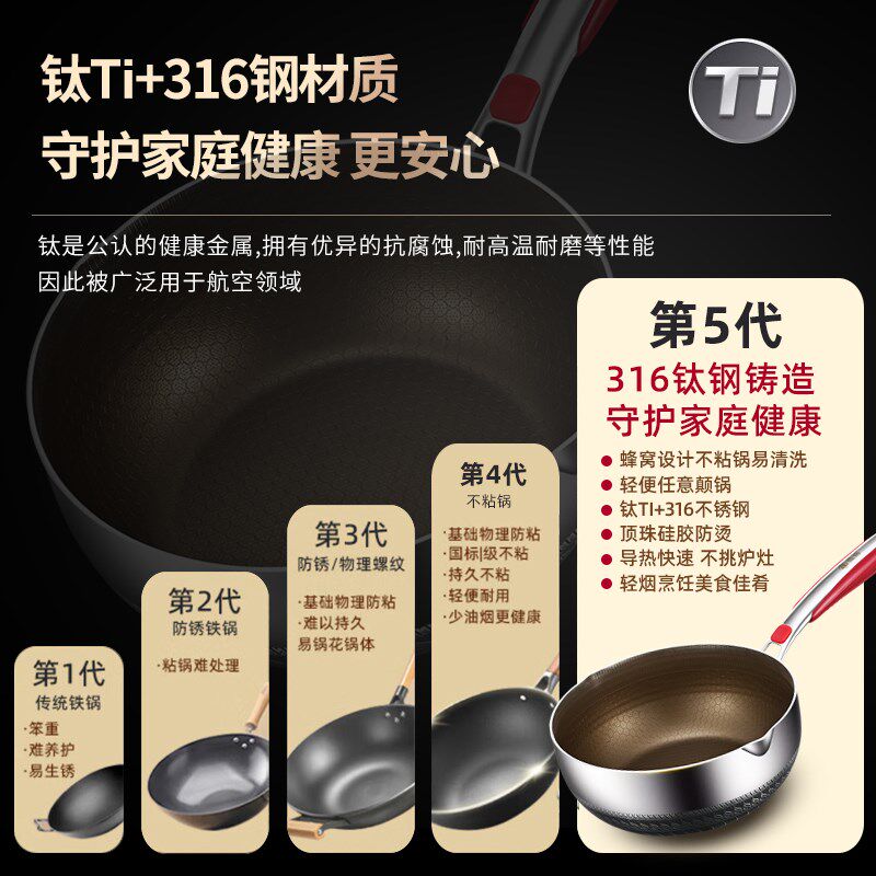 316不锈钢小炒锅有钛锅家用辅食锅无涂层不粘雪平锅电磁炉炒菜锅