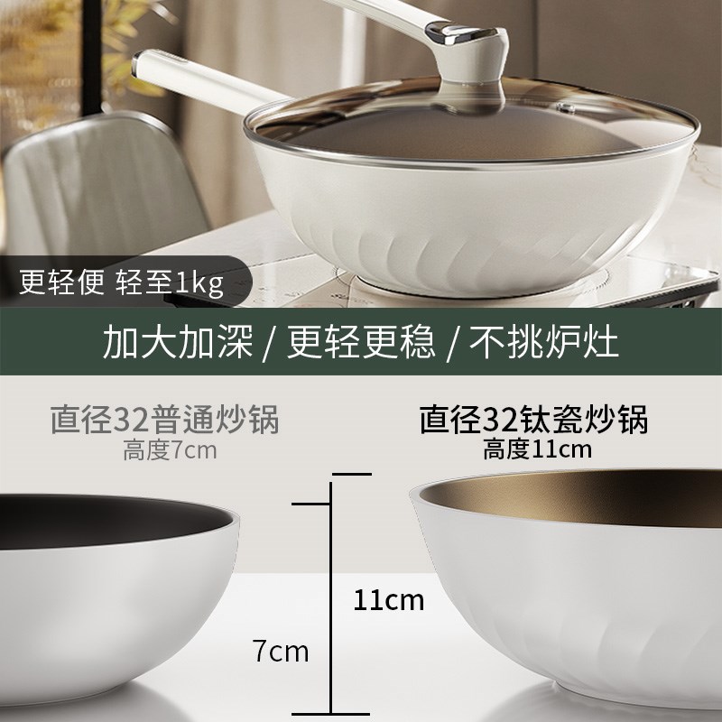 不粘锅陶瓷有钛炒锅家用无氟涂层平底炒菜锅不沾锅燃气灶电磁炉用